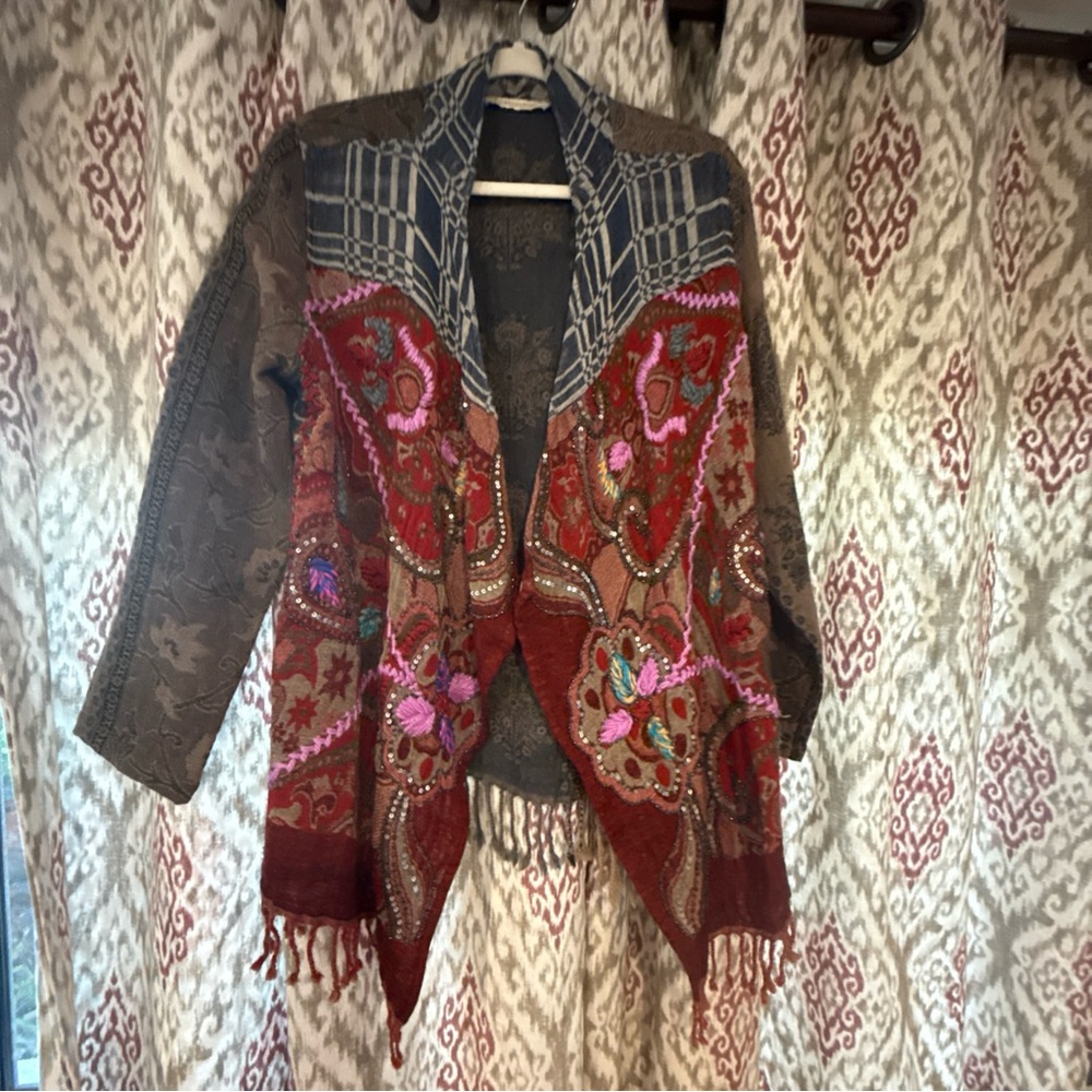 Soft Surroundings Multicolor Embroidered Beaded Wool Fringed Jacket xs